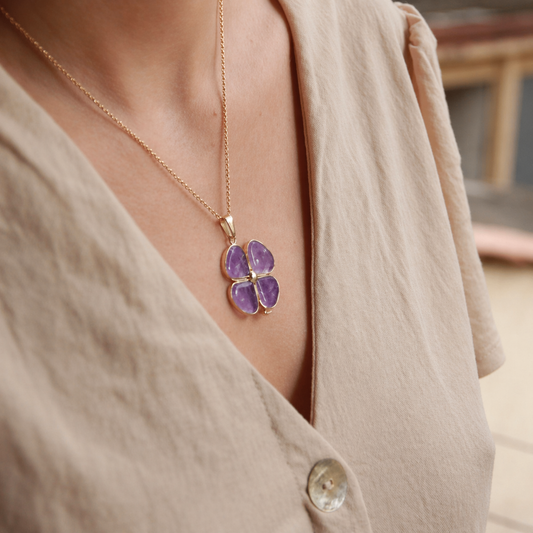 Pendentif Améthyste - Trèfle • doré