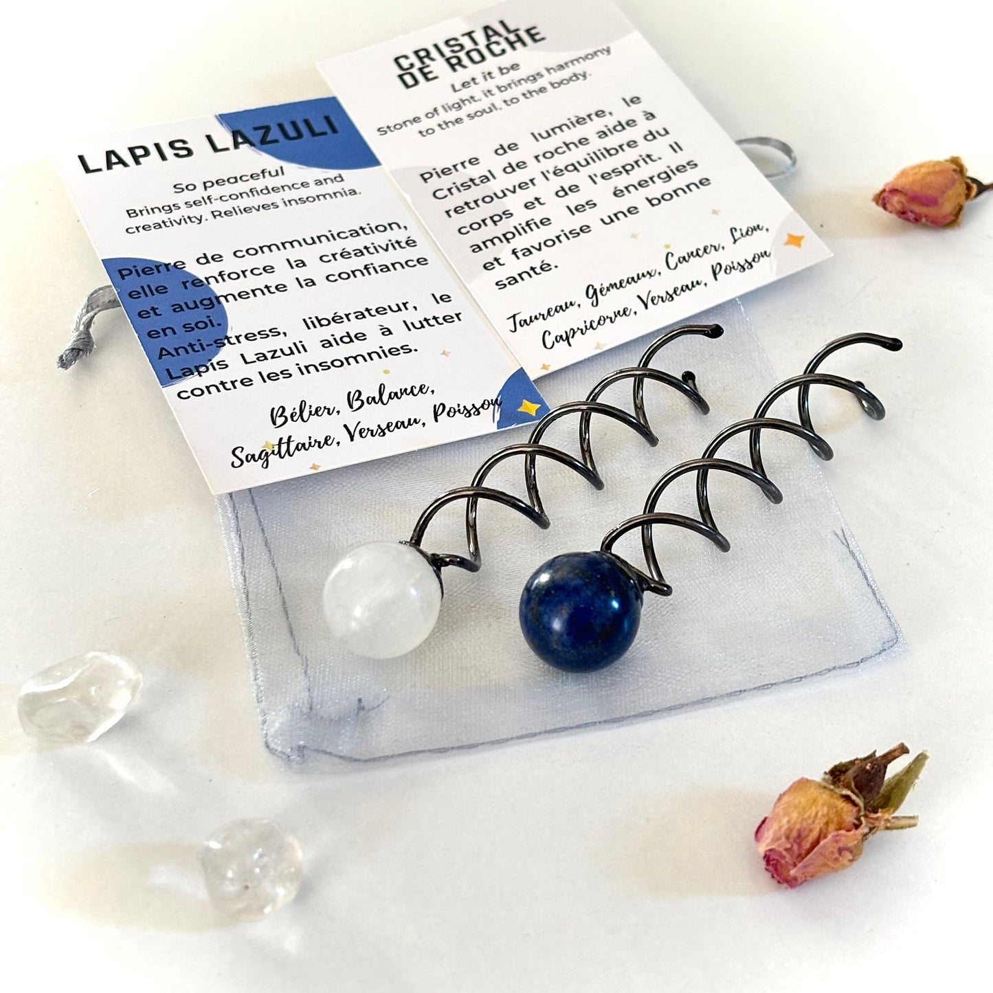 Paire de spirales tourbillons à cheveux avec une pierre cristal de roche et une pierre lapis lazuli