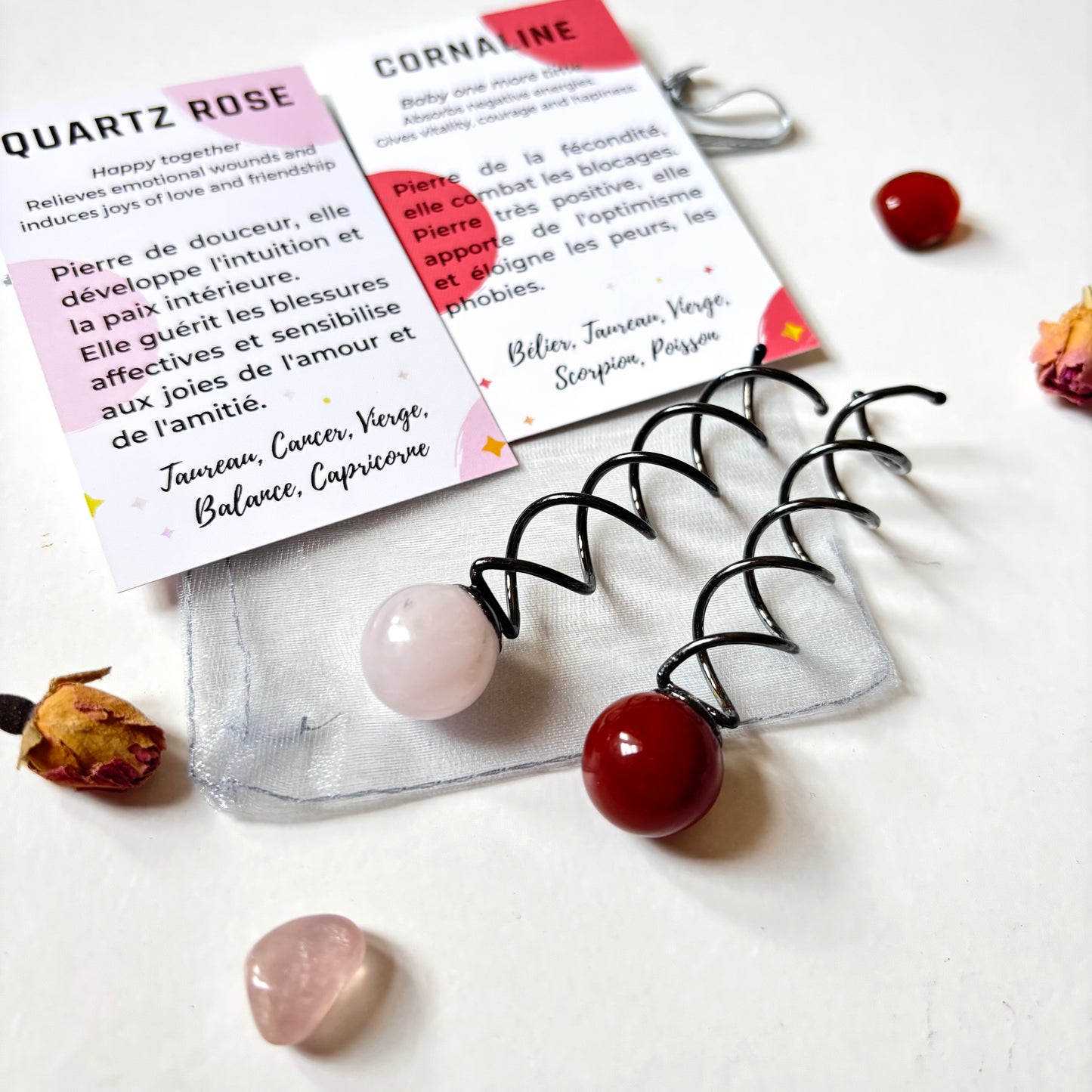 Spirales tourbillons pour attacher les cheveux avec une pierre rose naturelle Quartz Rose pour le chakra du cœur et une pierre rouge Cornaline