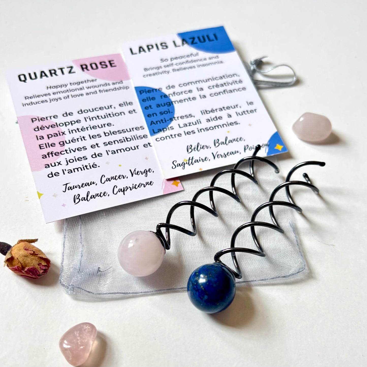 Paire de spirales tourbillons pour attacher les cheveux avec une pierre bleue naturelle Lapis Lazuli et une pierre Quartz Rose