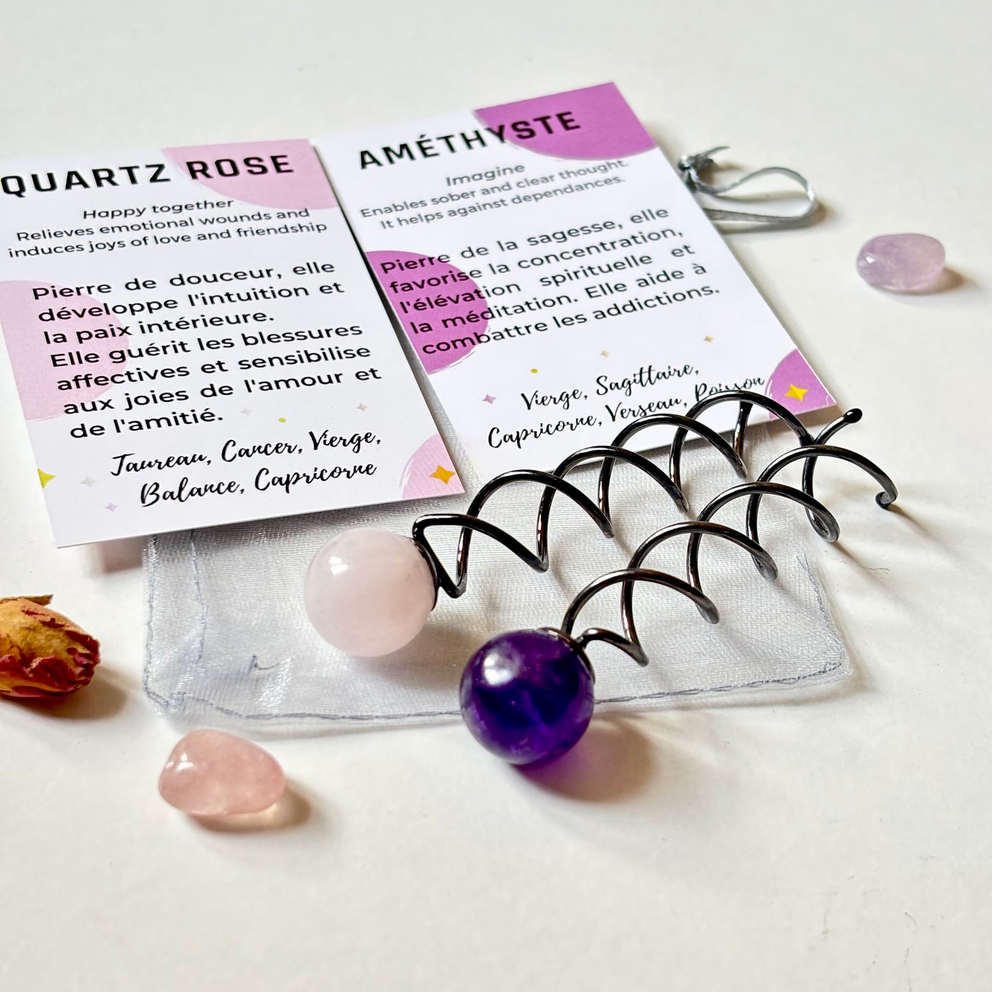 Spirales tourbillons pour attacher les cheveux avec une pierre rose naturelle Quartz Rose et une pierre violette Améthyste