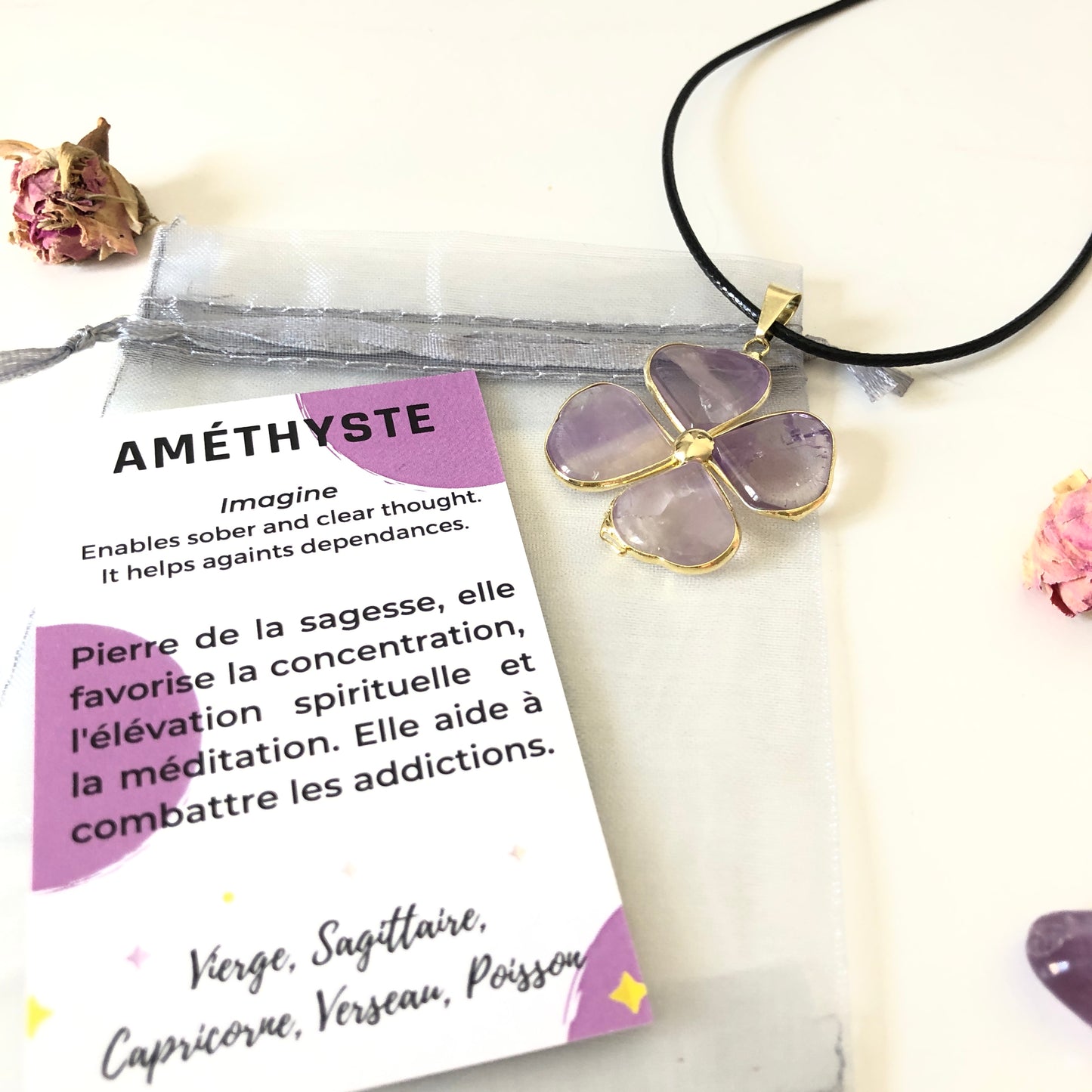 Pendentif Améthyste - Trèfle • doré