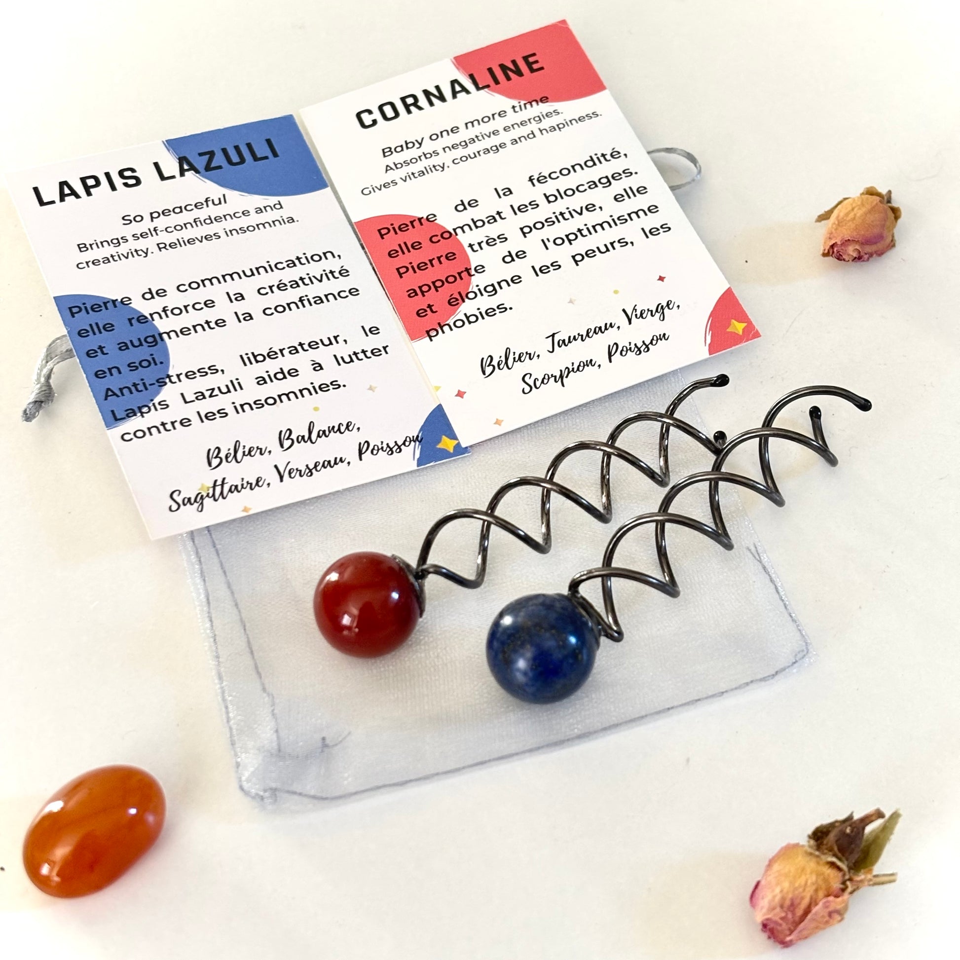 Paire de spirales pour attacher les cheveux en chignon avec des pierres naturelles cornaline et lapis lazuli