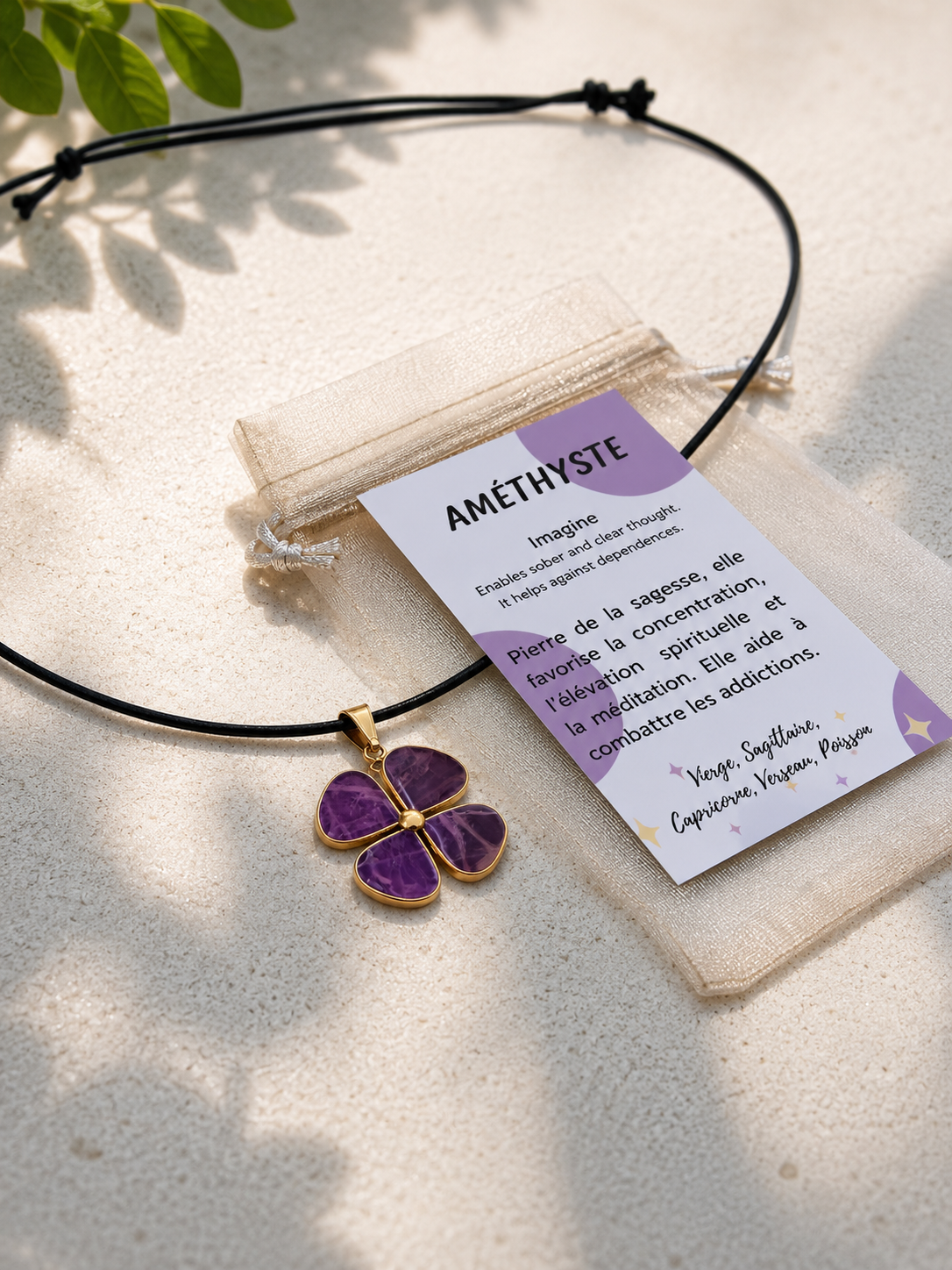 Pendentif Améthyste - Trèfle • doré