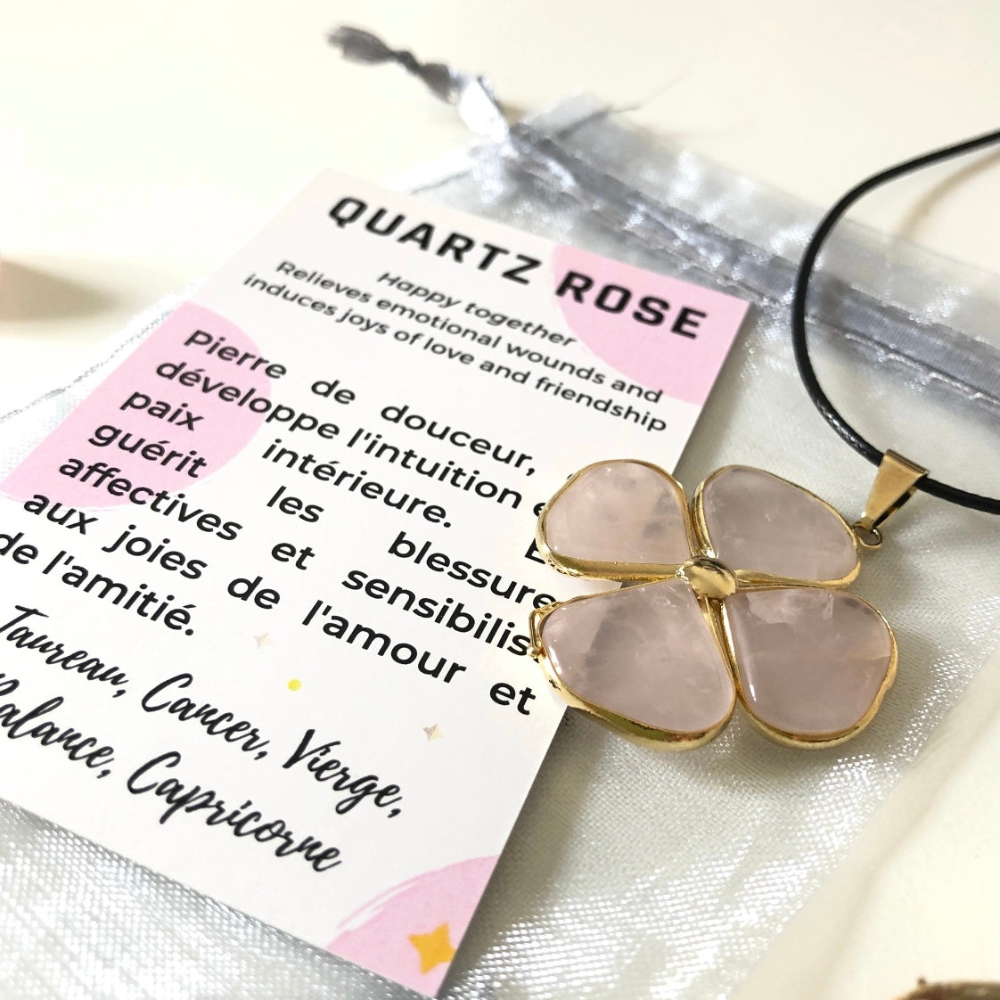 Pendentif Quartz Rose - Trèfle