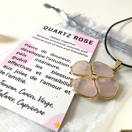 Pendentif Quartz Rose - Trèfle • doré