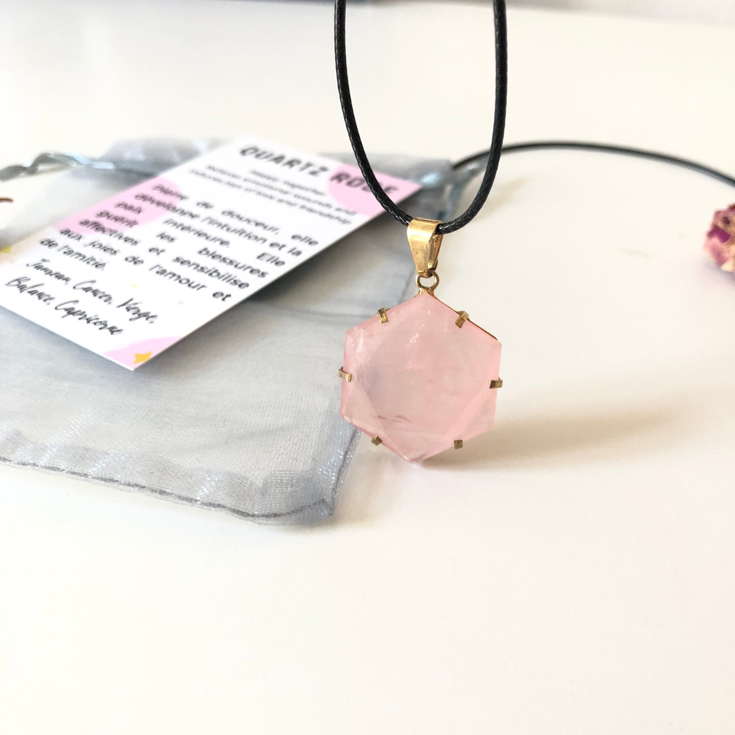 Pendentif Quartz Rose - Hexagone